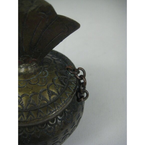 Vintage Brass Ornate Hinged Lidded Container Fan Handle Geometric Pattern - Picture 10 of 10
